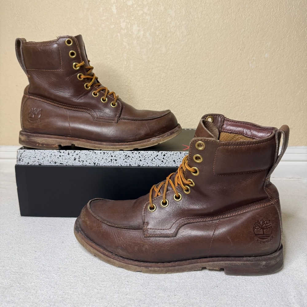Timberland Moc Toe Boots Mens Size 10 Brown Leather Waterproof